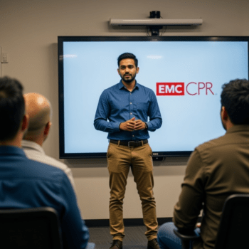 A brightly lit corporate meeting room, a happy CPR instructor wearing a blue button-down shirt with a small red heart on the upper left and khakis, lecturing to a diverse group of attentive employees. The room is equipped with modern ergonomic chairs and a large monitor displaying the words EMC CPR in red.