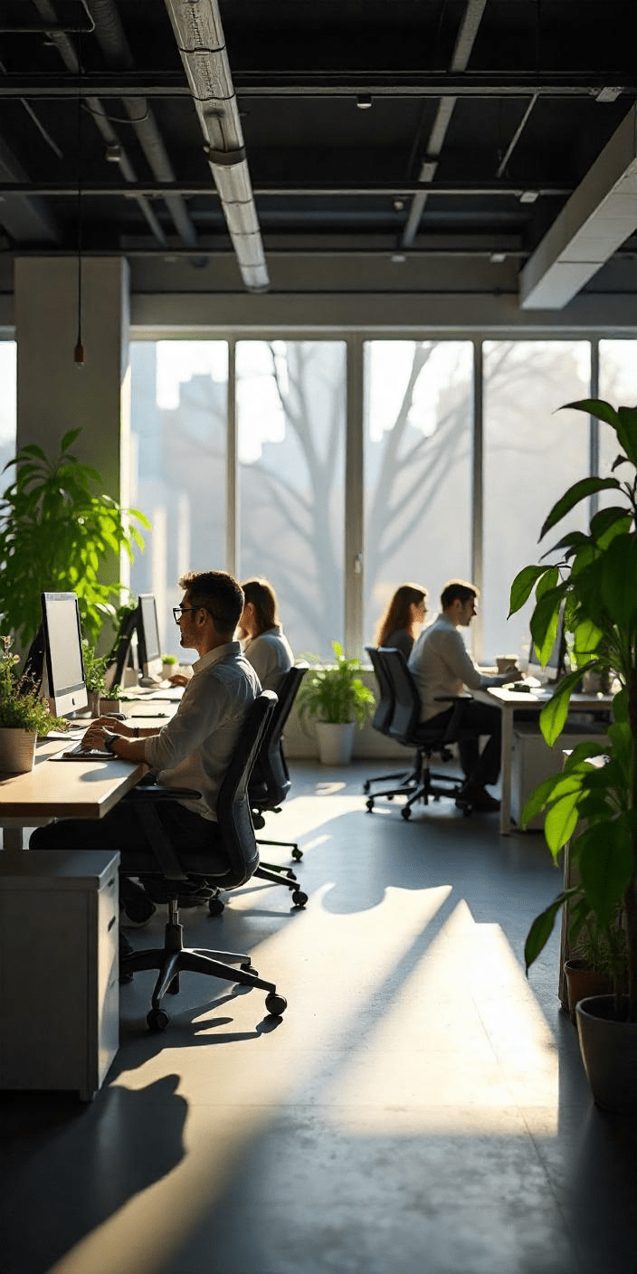 A brightly lit modern office space in spring, showcasing diverse employees collaborating at sleek workstations. Focus on ergonomic designs and vibrant green plants enhancing productivity. Time of day is mid-morning, with sunlight streaming through large windows.