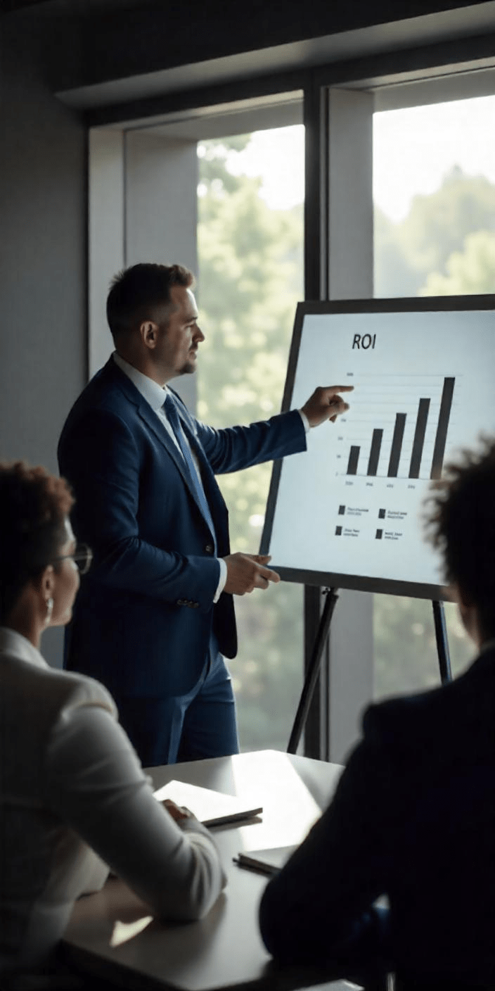 A businessman pointing to a chart labeled "ROI" during a presentation in a corporate boardroom, with diverse colleagues watching attentively.